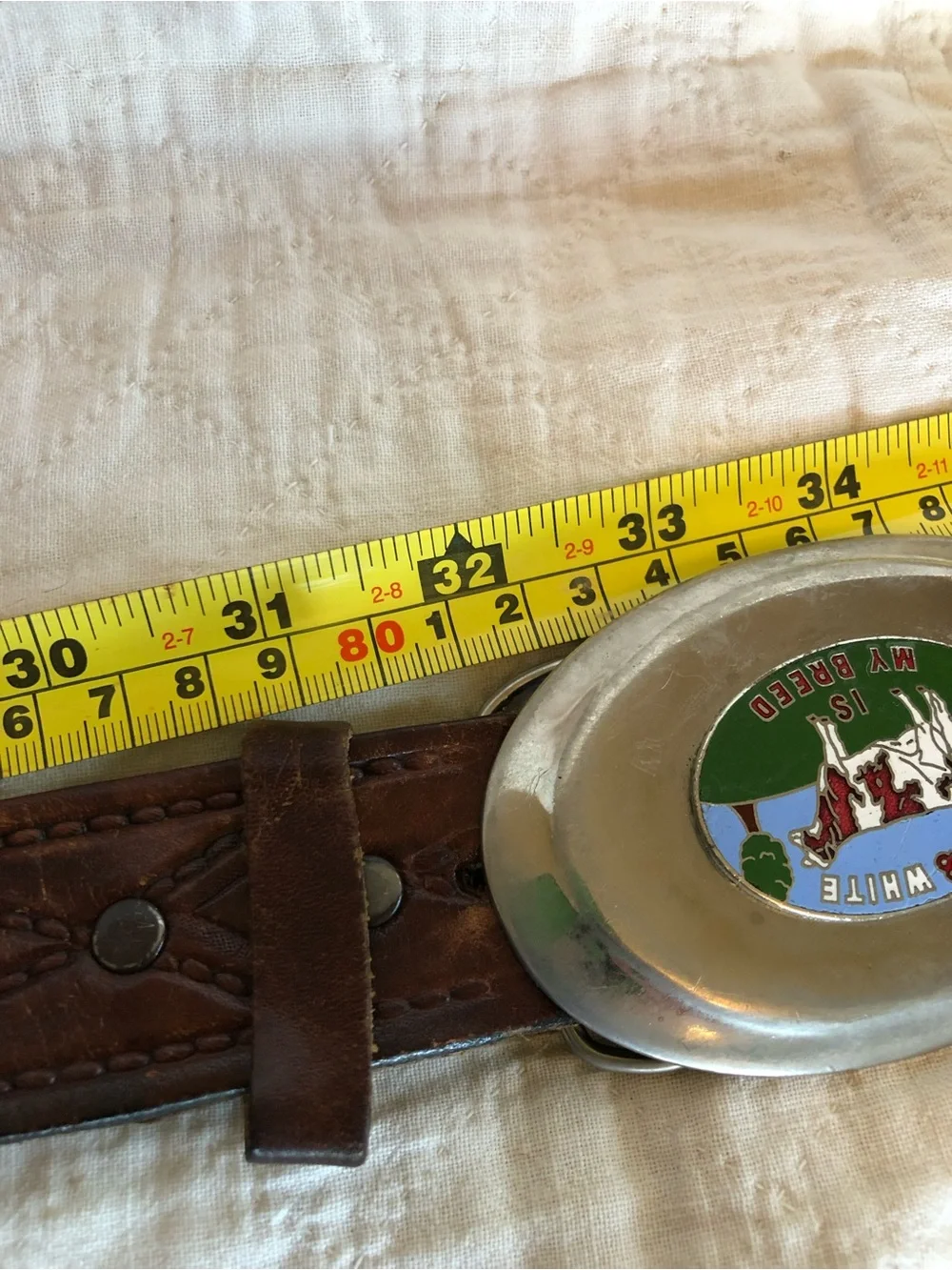 Western Brown Leather Belt w/ Silver 'Red & White' Cow Buckle | 32